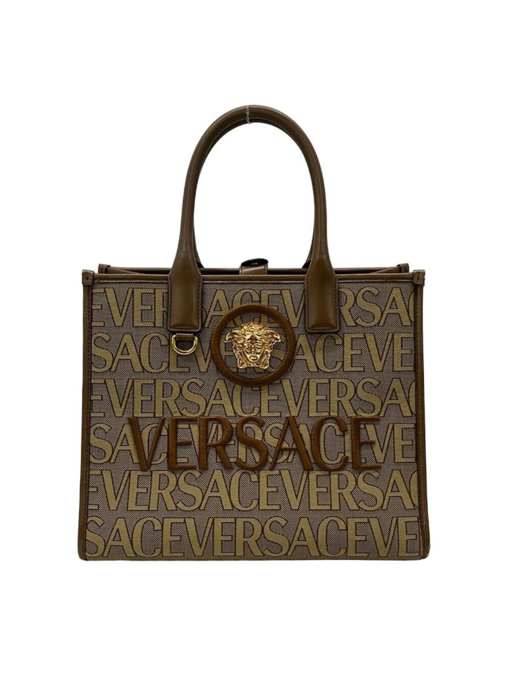 Versace Tote Bag All Over Beige Brown Embroidery Medusa Leather